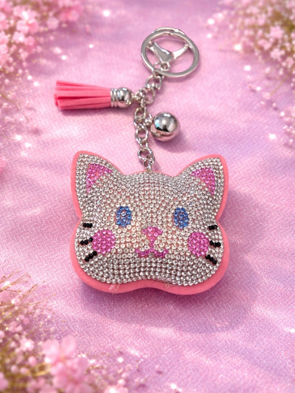 Pink Crystal Cat Keychain with Tassel